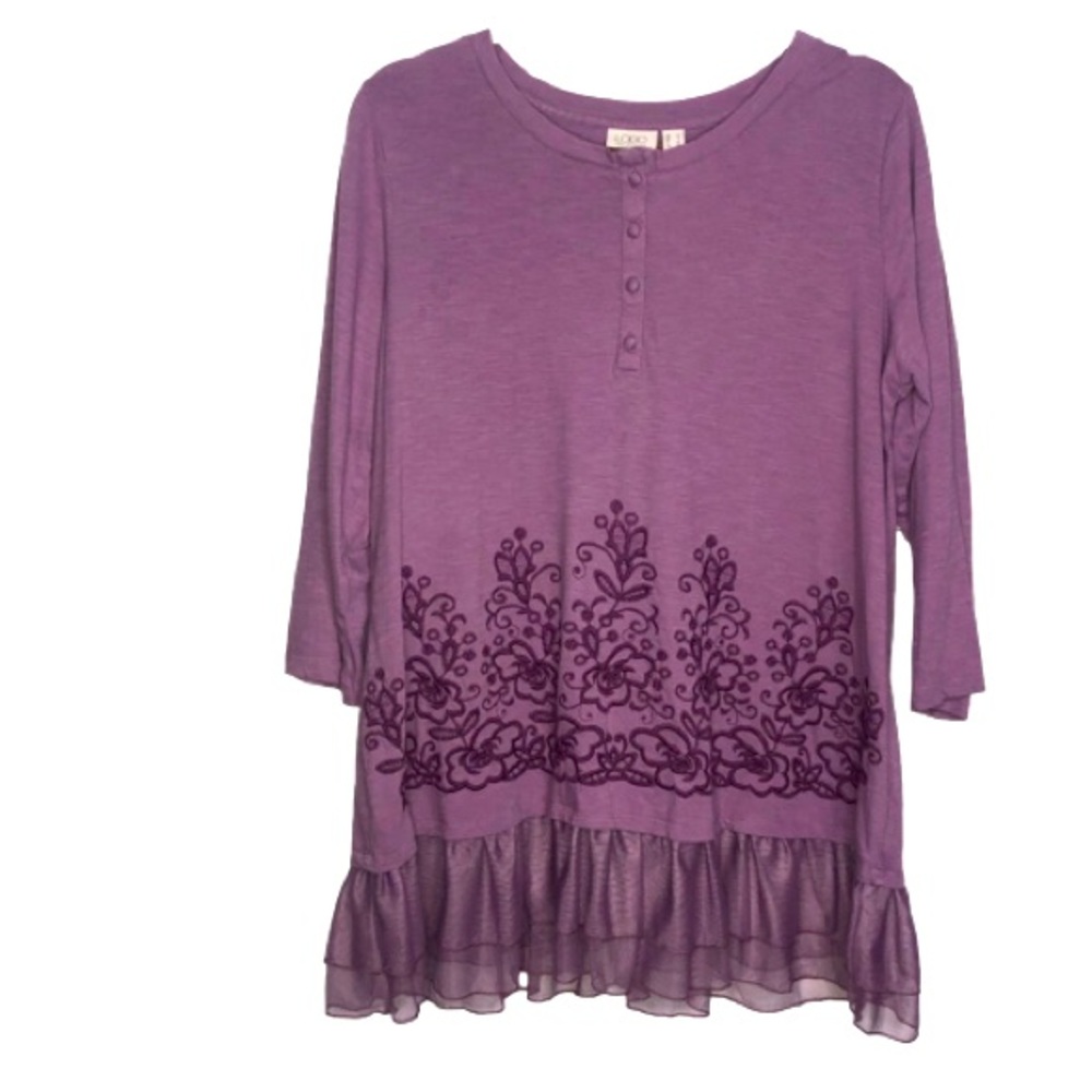 Logo Mauve Tunic L Embroidery Tulle Bottom Buttons 3/4 Length Sleeves Purple Top